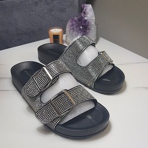 Madden Girl Women's Teddyy Slide Sandal - size 7 black/multi bedazzled